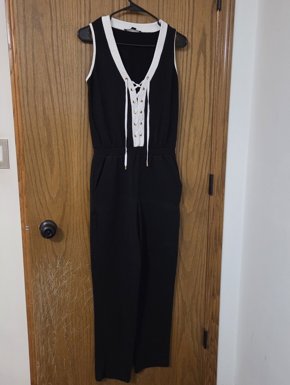Boston Proper Black Jumpsuit with White Lace-Up Placket